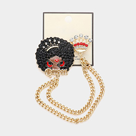 Stone Embellished Queen Afro Woman Pointed Double Chain Pin Brooch