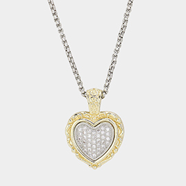 14K Gold Plated CZ Stone Paved Two Tone heart Pendant Long Necklace