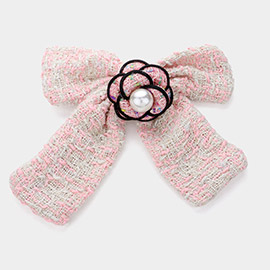 Pearl Pointed Flower Center Tweed Bow Barrette