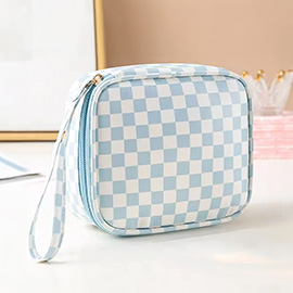 Checkered Portable Cosmetic Pouch with Wristlet