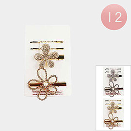 12 SET OF 4 - Stone Paved Flower Pointed Alligator Snap Hair Pins Twisted Bobbi Pins Set
