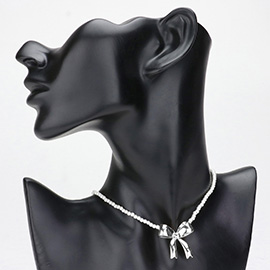 Metal Bow Pendant Pointed Pearl Choker Necklace