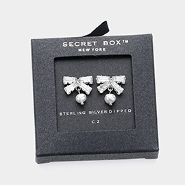 SECRET BOX_Sterling Silver Dipped CZ Stone Bow Pearl Pointed Earrings