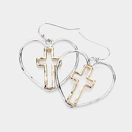 Hammered Metal Cross Pointed Open Heart Dangle Earrings