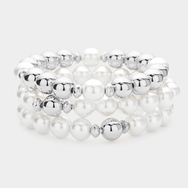 3PCS - Pearl Metal Ball Beaded Stretch Multi Layered Bracelets