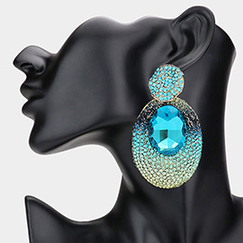 Oval Glass Stone Pointed Rhinestone Paved Dangle Evening Earrings