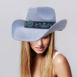 Turquoise Stone Western Flower Pointed Flower Embroidered Genuine Leather Band Straw Cowboy Hat