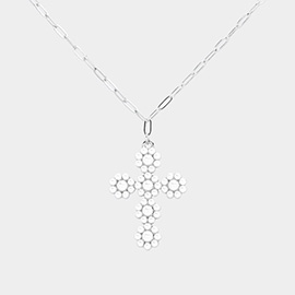 Pearl Flower Cross Pendant Necklace