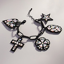 Stone Cluster Embellished Star Heart Cross Flower Charm Station Bracelet