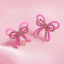 Rhinestone Paved Color Metal Wire Bow Earrings