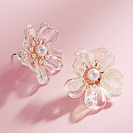 Pearl Pointed Transparent Petal Flower Earrings