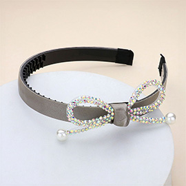 Bling Studded Pearl Tip Bow Accented Headband