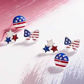 3Pairs - Enamel American USA Flag Triple Star Bow Disc Stud Earrings Set