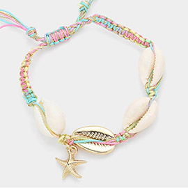 Puka Shell Accented Metal Starfish Charm Pointed Braided Cinch Pull Tie Adjustable Bracelet