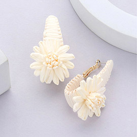 Raffia Wrapped Flower Pointed Earrings