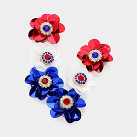 American USA Flag Themed Color Triple Sequin Flower Dropdown Earrings