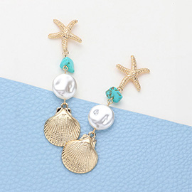 Pearl Pointed Metal Starfish Seashell Dangle Earrings