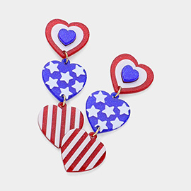 Glittered Resin American USA Flag Triple Heart Dropdown Earrings