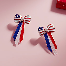 Pearl Pointed Enamel American USA Flag Bow Ribbon Earrings