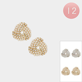 12Pairs - Rhinestone Paved Pearl Embellished Stud Earrings