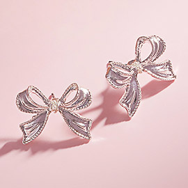 Mini Pearl Pointed Textured Metal Bow Stud Earrings