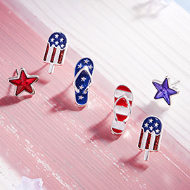 3Pairs - Enamel American USA Flag Star Flip Flops Stud Earrings Set