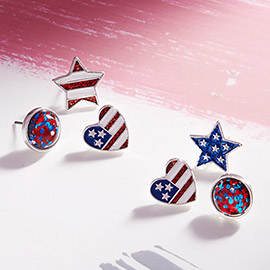 3Pairs - Enamel American USA Flag Star Heart Disc Stud Earrings Set