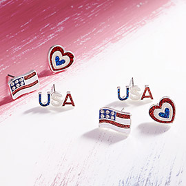3Pairs - Enamel American USA Flag Heart USA Message Stud Earrings Set