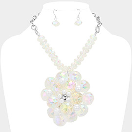 Pearl Pointed Glass Faceted Beads Flower Accented Pendant Statement Necklace