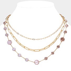 Faceted Clear Disc Beads Station Metal Paper Clip Link Chain Layered Necklace 