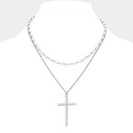 Pearl Cross Pendant Pointed Metal Chain Pearl Station Layered Necklace