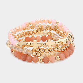5PCS - Meatal Cross Ball Faceted Beads Natural Stone Beaded Stretch Multi Layered Bracelets