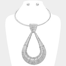 Metal Wire Wrapped Oversized Teardrop Pendant Statement Necklace