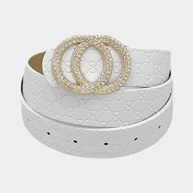 Rhinestone Embellished Double Open Circle Link Buckle Accented Faux Leather Belt