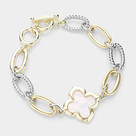 14K Gold Plated Mother Of Pearl Quatrefoil Two Tone Toggle Bracelet