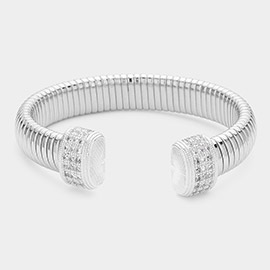 CZ Stone Paved Tip Pointed Two Tone Coil Cuff Bracelet