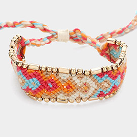 Metal Beads Edge Pointed Aztec Pattern Threaded Adjustable Cinch Pull Tie Bracelet