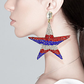 American USA Flag Rhinestone Embellished Metal Star Dangle Earrings