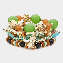 8PCS - Metal Owl Hand Charm Multi Beads Stretch Layered Bracelets