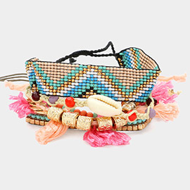 5PCS - Puka Shell Pointed Aztec Pattern Cinch Pull Tie Tassel Pointed Stretch Multi Layered Bracelets