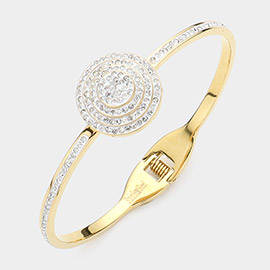 Stainless Steel Stone Paved Disc Pointed Hinged Bangle Bracelet