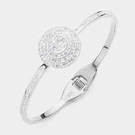 Stainless Steel Stone Paved Disc Pointed Hinged Bangle Bracelet