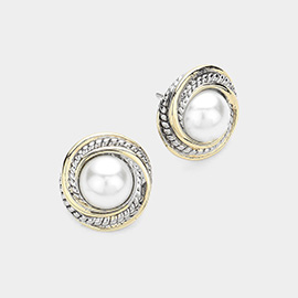 14K Gold Plated Two Tone Pearl Button Stud Earrings