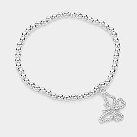 Stainless Steel Stone Paved Butterfly Charm Stretch Ball Bracelet