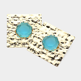 Oversized Clear Stone Pointed Textured Square Metal Earrings