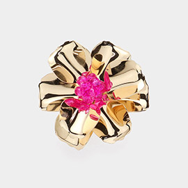 Beaded Ball Center Metal Petal Flower Adjustable Ring