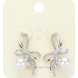 Pearl Pointed Rhinestone Paved Bow Earrings