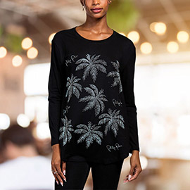 Bling Studded Palm Tree Printed Long Sleeve Top