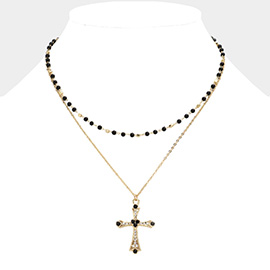 Stone Paved Cross Pendant Beads Double Layered Necklace