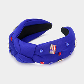 American USA Flag Star Stone Embellished Knot Headband